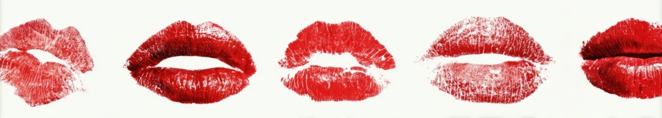 Four red lipstick kiss prints on a white background
