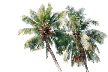 Obraz premium Two coconut palms rise against a white background