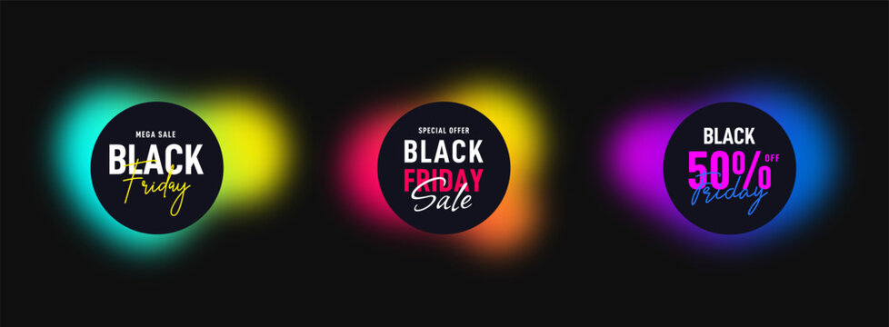 Black Friday sale banner collection. Abstract blurred shapes with text Black Friday. Black Friday promotional banners in liquid shapes and in gradient vibrant colors. Vector