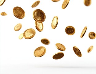 Golden coins falling against a white background