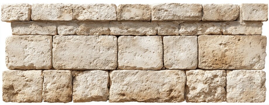 Beige stone wall section.  Rectangular, light beige stone blocks form a low wall.  