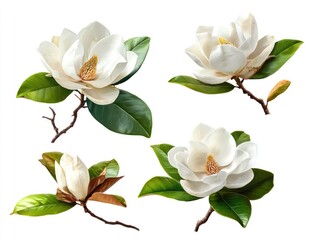 Fototapeta premium Four magnolia blossoms, in various stages, with leaves and stems, isolated on white