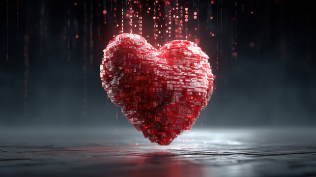 Red Heart of Digital Love: A visually striking, pixelated heart formed from countless red particles. It symbolizes love and connection. A mesmerizing display of digital art - Powered by Adobe