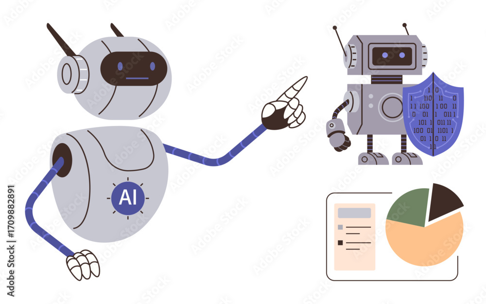 Poster two ai robots interact, one gesturing confidently while the other holds a shield. below is a chart a