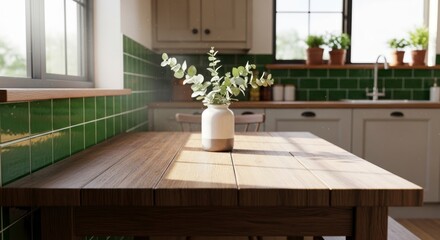 Fototapeta premium Sun-Kissed Rustic Wooden Table with Eucalyptus Vase in a Charming Green-Tiled Kitchen.