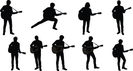 Guitar player silhouettes, acoustic music poses, live performance stance, musician posture, concert energy, artistic expression, music lifestyle, creative body movement