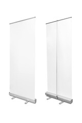 Blank roll-up banner stand front and back view isolated on white background, portable advertising display mockup
