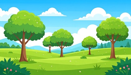 Cartoon landscape with trees and hills