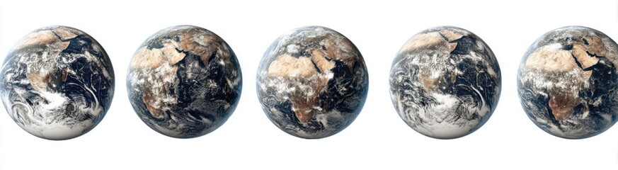Earth globes showing various weather patterns