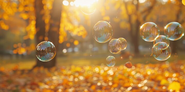 Soap bubbles floating in the air in autumn park at sunset