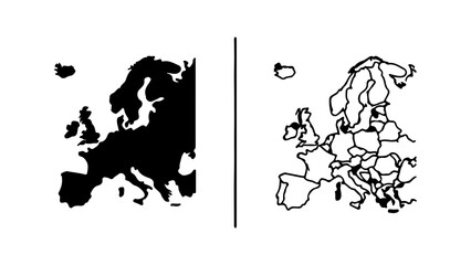 Black Silhouette and Country Outline Map of Europe 1.