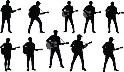 Guitar player silhouettes, acoustic music poses, live performance stances, musician posture, concert energy, artistic expression, creative lifestyle, instrument playing styles © Santo's World