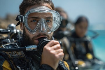 Three professional divers preparing for an underwater exploration near a tropical shoreline during a sunny afternoon