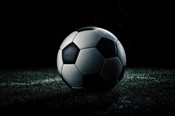 Fototapeta premium Soccer ball resting on dark grass with a black background under a night sky creates a dramatic contrast