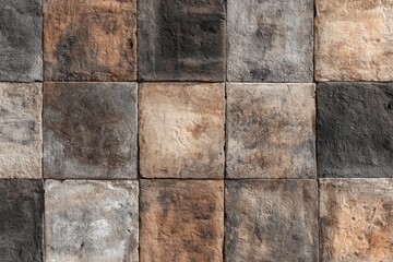 Distressed vintage tiles showcasing a worn patchwork design in muted brown and gray tones that conveys a rustic, timeless character in a historical setting