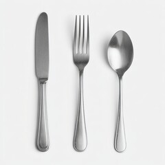 A top-down view of a knife, fork, and spoon