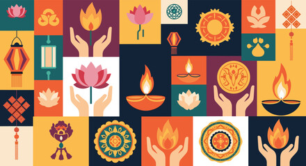 A vibrant and diverse collection of festive and spiritual symbols in a colorful mosaic pattern.