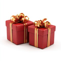Obraz premium Two red gift boxes with gold ribbon bows, against a white background. They are different sizes, but both are square and have a textured surface