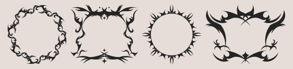 Gothic tribal frame set with black ornamental borders and sharp decorative corners for dark fantasy designs. Rectangular, round silhouettes with flame like curves for tattoo or metal album artwork.
