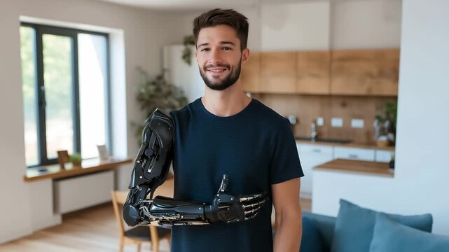 Portrait of happy young man with prosthetic arm after hand amputation standing and smiling to camera at home. New possibilities for disabled people	
