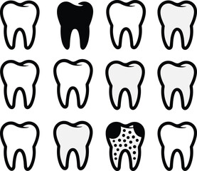 Tooth condition icon set, dental health stages, black and white illustrations, decay progression, oral hygiene symbols, stylized medical graphic pack