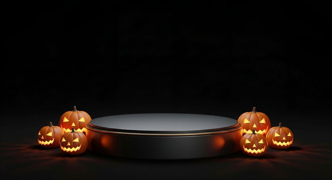 Mockup Halloween Spooky Pumpkins Illuminated on a Dark Pedestal