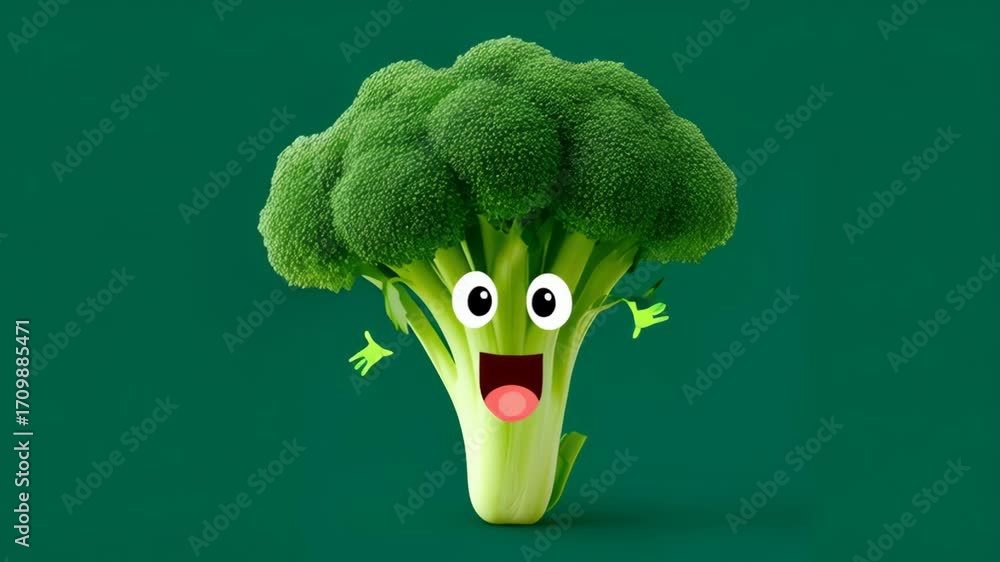 Poster animated broccoli character with expressive eyes and smiling mouth, joyfully showcasing its vibrant 