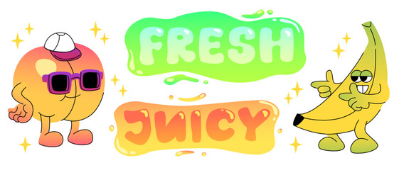 Groovy fruit cartoon characters with peach with sunglasses and funny banana with fresh and juicy lettering for retro designs. Funky food mascots with cool accessories for summer graphics or branding.