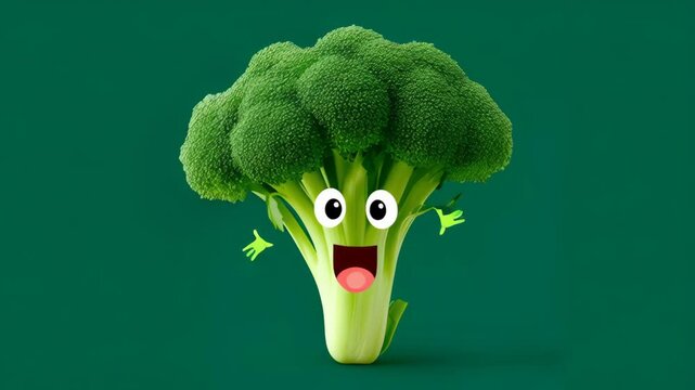 Animated broccoli character with expressive eyes and smiling mouth, joyfully showcasing its vibrant green texture and playful demeanor, engaging viewers in a delightful motion sequence of happiness