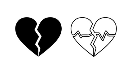 Broken Heart Symbolism Black and White Vector Icons.