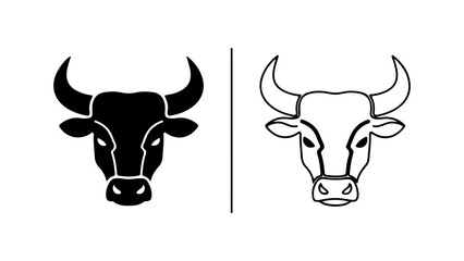 Bull Head Icons Black Silhouette and Outline Illustration.
