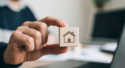 Hand Holding a Wooden Cube with a House Icon, Symbolizing Real Estate, Mortgage, and Home Ownership.