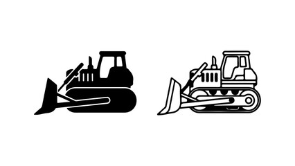 Bulldozer construction vehicle icon set in silhouette and outline style.