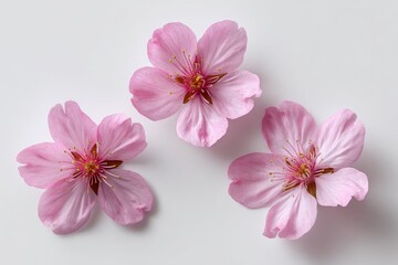 Three delicate pink cherry blossoms, arranged in a flat lay on a plain white background.  Each blossom has multiple, soft pink petals, a central cluster of darker pink stamens.