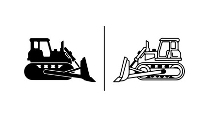 Bulldozer heavy machinery icon set silhouette and line art.