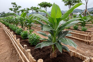 Young banana trees in fertile soil high resolution photo