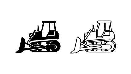Naklejka premium Bulldozer Icon Set Solid and Outline Styles for Construction and Heavy Machinery.