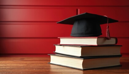 Stack of books topped with graduation cap on red background. Education, achievement, scholarly pursuits. Represents academic success, learning, future opportunities for students. Commemorates school,