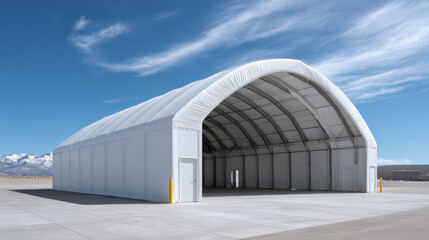 Modern Shelter: A minimalist, modern shelter rises against the backdrop of a clear, sunny sky, its clean lines and expansive design. Its arching roof offers spacious protection.