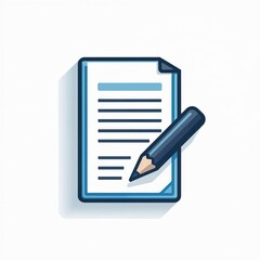 Illustration shows document page with lines of text, pencil writing on it. Visual icon design represents writing, editing, or note taking. Symbol for office work, planning, or business communication.