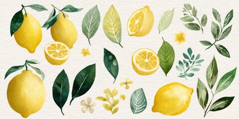 Obraz premium Watercolor Lemon and Leaf Arrangement