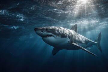Fototapeta premium Great white shark swims gracefully in deep blue ocean waters surrounded by sunlit rays penetrating the sea surface during a calm day