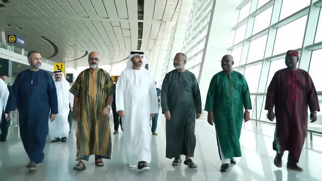 Arab and indian officials attending airport opening ceremony with formal gathering and celebration