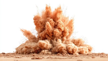 A vibrant explosion of terracotta-colored dust against a pure white background.  The dust cloud is voluminous and billowing outward in a chaotic but symmetrical pattern.