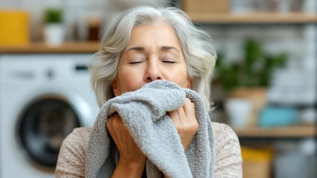 Happy woman smelling clean laundry, clean smell in house after doing washing, Clean clothes, Fragrance and scent. Clothing for hygiene, Care and housewife lifestyle, Hygiene concept	
