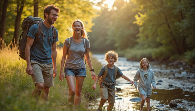 Happy family with backpacks hikes near creek in sunny forest. Parents and children laugh during outdoor adventure. Summer vacation, nature exploration, joyful discovery with loved ones.
