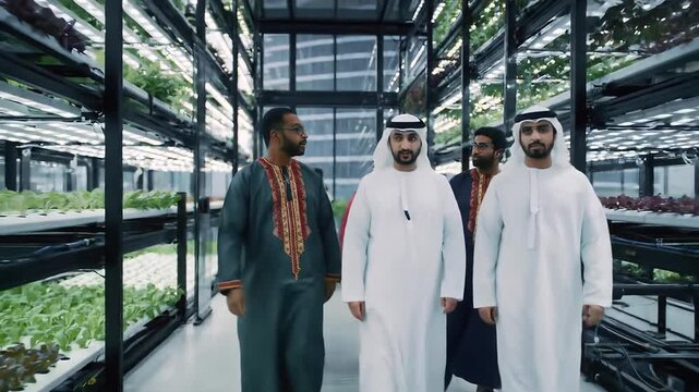 Arab and indian officials visiting modern vertical farm facility with plants growing on shelves in artificial conditions