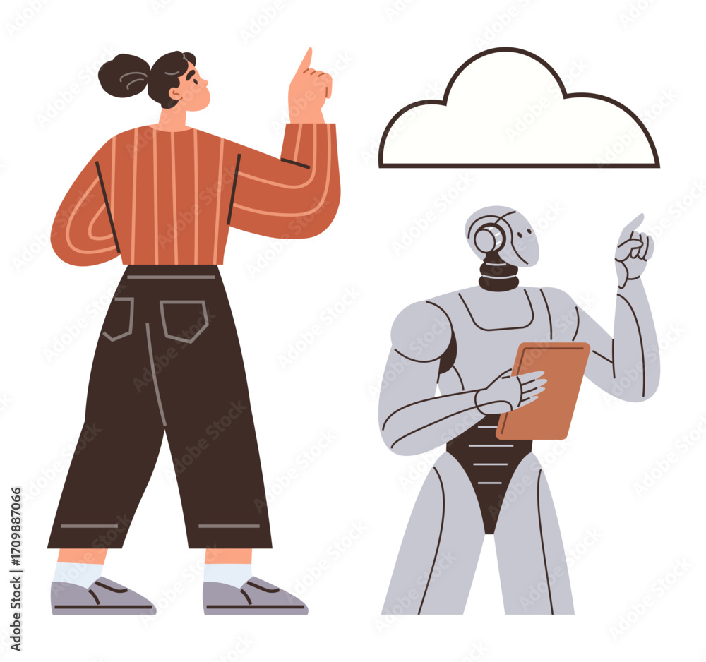 Poster woman pointing upward while robot with a tablet gestures at a cloud icon. ideal for technology, ai, 