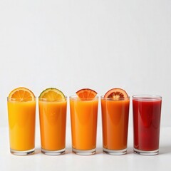 Colorful Fruit Juices in Glasses with Citrus Slices on White Background