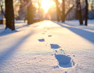 Snowy footprints leading to the sun on a frosty winter morning scene